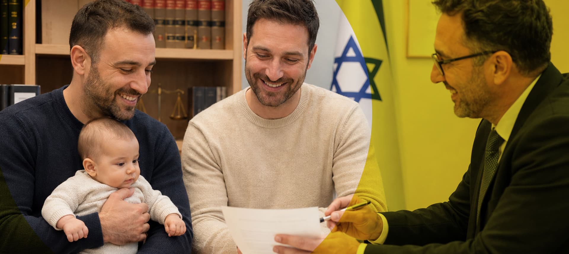 שני אבות עם תינוק חותמים על מסמכים מול עורך דין ודגל ישראל – צו הורות פסיקתי