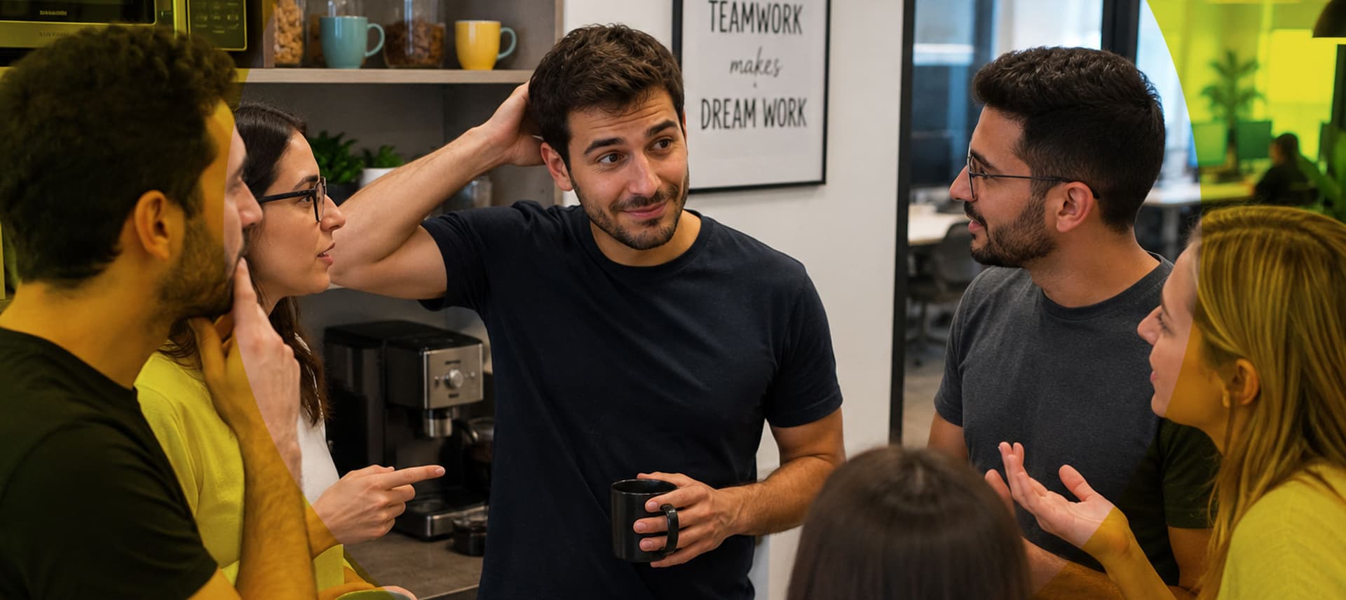 Casual office-kitchen conversation with coworkers about the surrogacy journey